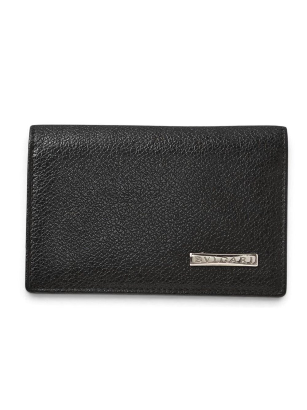 Bvlgari Card Case Business Logo Plate Leather Black Silver